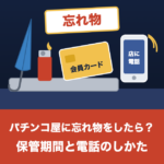忘れ物の札とカウンターに置かれた傘・ライター・会員カード、店に電話するスマホのイラスト